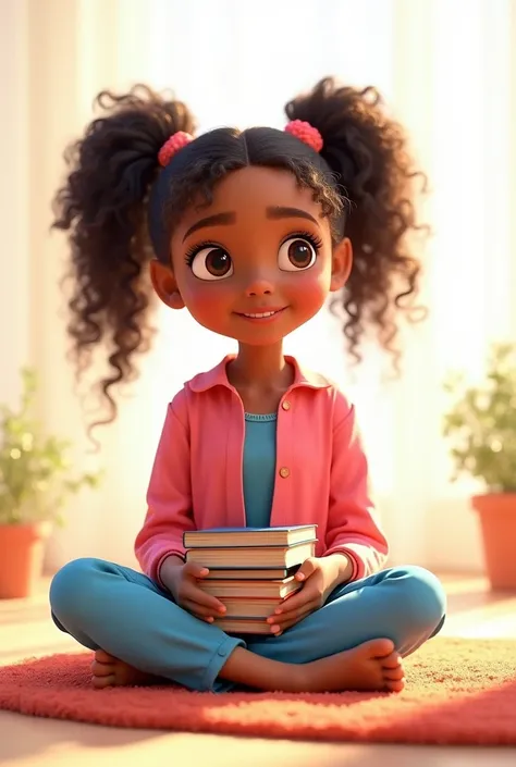  beautiful brown, Pixar,  two long ponytails dressed in pink and blue,  with books on her lap , white uplight background 