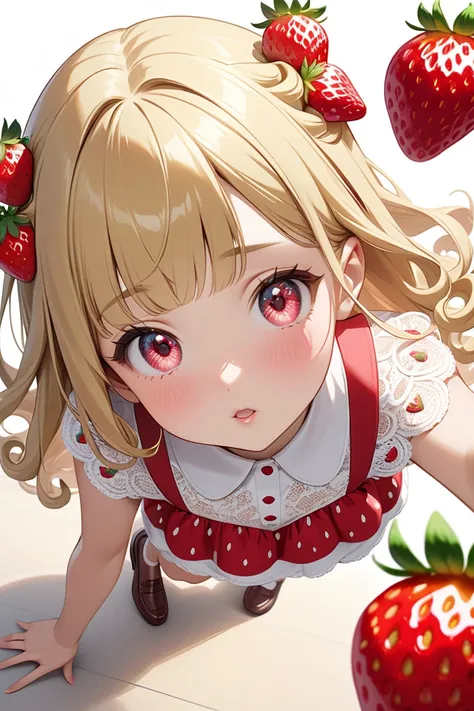 girl,cute,(blonde:1.2),(long hair with curls,:1.2),(With bangs),(Strawberry-colored eyes:1.2),(Eye size:1.5),(Strawberry motif dress:1.3),(A dress with lots of lace:1.35),(Strawberry garnish:1.6),(🍓🍓🍓🍓:1.5),(Shining Light:1.35),(Model pose:1.3),(Strawberry...