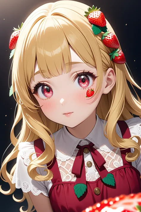 girl,cute,(blonde:1.2),(long hair with curls,:1.2),(With bangs),(Strawberry-colored eyes:1.2),(Eye size:1.5),(Strawberry motif dress:1.3),(A dress with lots of lace:1.35),(Strawberry garnish:1.6),(🍓🍓🍓🍓:1.5),(Shining Light:1.35),(Model pose:1.3),(Strawberry...