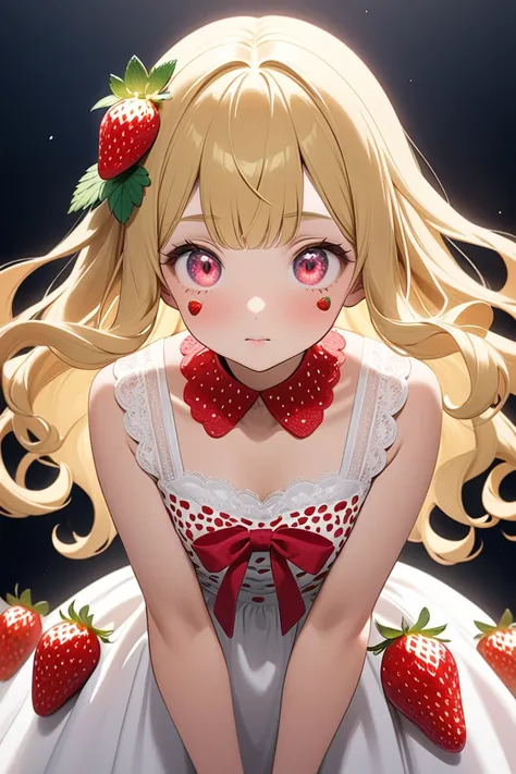 girl,cute,(blonde:1.2),(long hair with curls,:1.2),(With bangs),(Strawberry-colored eyes:1.2),(Eye size:1.5),(Strawberry motif dress:1.3),(A dress with lots of lace:1.35),(Strawberry garnish:1.6),(🍓🍓🍓🍓:1.5),(Shining Light:1.35),(Model pose:1.3),(Strawberry...