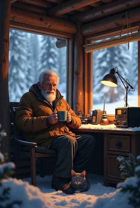 An old amateur radio man in a wooden cabin in a snowy weather with his gray cat and a hot chocolate 