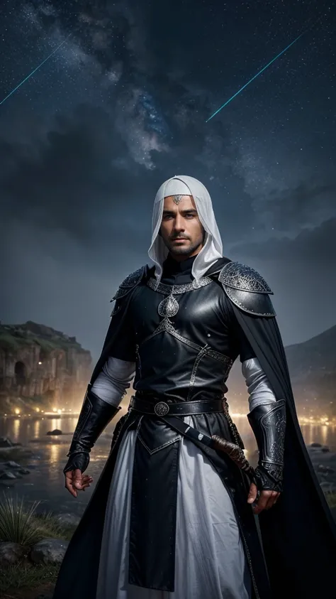 MUSLIM WARRIOR, (Best Quality,ultra detailed), artificial raindrops falling, a man standing in the rain, white hair, blue eyes, detailed face(fail),dense ruinscape landscape,majestic and serene nature, shining brightly in the night sky,black medieval outfi...