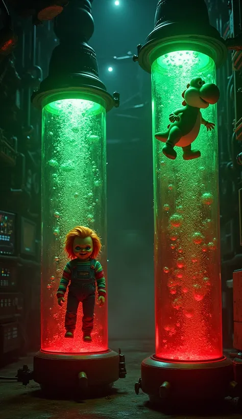 A dark, futuristic laboratory with tanks filled with glowing liquids. Chucky is submerged in one tank in a thick red fluid, while Yoshi is in the other, surrounded by pulsing green bubbles.