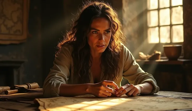 A dimly lit room filled with ancient maps and scrolls spread across a wooden table. A woman in her 30s with medium skin, long curly dark brown hair, and piercing green eyes examines a faded parchment. She wears a casual shirt with rolled-up sleeves, and he...