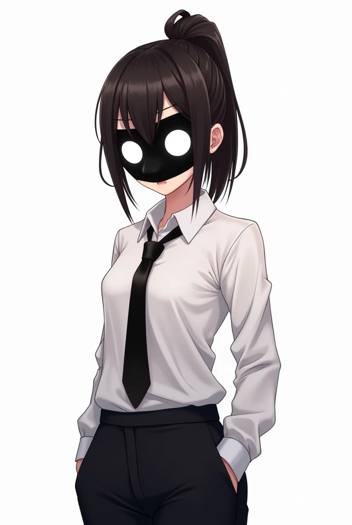  A girl with dark brown hair ,  gathered in a ponytail tall ,  she is wearing a black mask all over her face, her eyes are white circles ,  she is wearing a white shirt ,long sleeves, black tie,  black pants , cool pose, cartoon, anime, art, white backgrou...