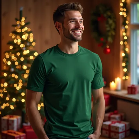  Create a realistic mockup image showing a realistic man wearing a cotton t-shirt with a ribbed collar,  green color .  The man is in a Christmas atmosphere ,  surrounded by typical decorations such as an illuminated Christmas tree ,  garlands , warm light...