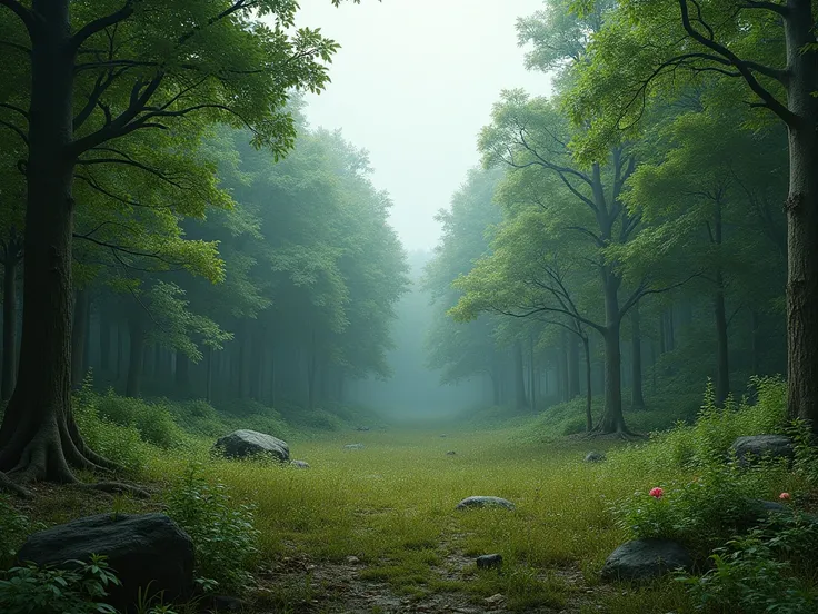 realistic photo  of a small clearing on the edge of a forest of  deciduous trees, overcast_day