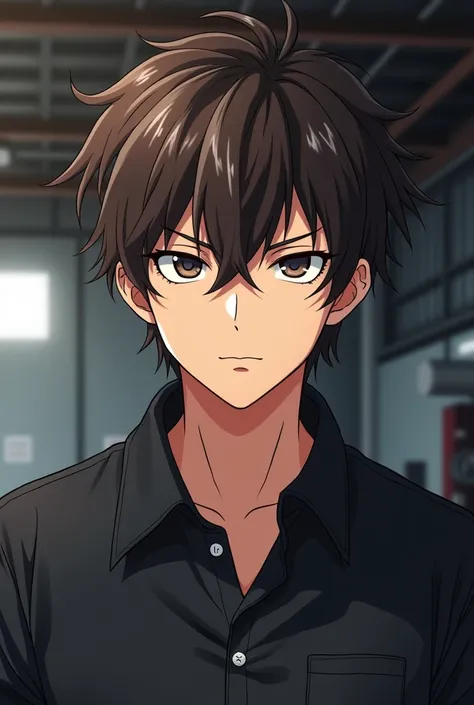 messy brunette hair, handsome, lean build but fit, anime style, car mechanic, black shirt, close up