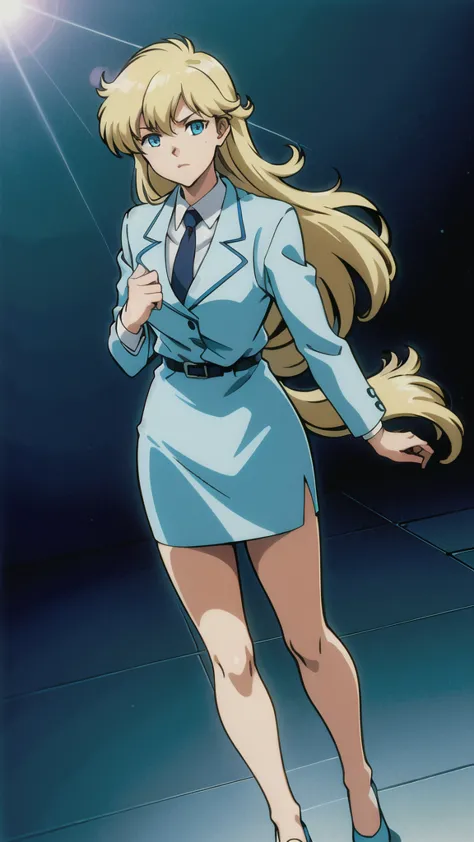 Blonde、 long hair 、bangs、悲しいface、 blue eyes、 Full Body Style 、Normal milk、 narrow waist 、Bare legs、In a suit、 blue jacket ,襟付き shirt,  shirt,  blue tie,belt,,  Blue Mini Pencil Skirt, black tights、White pumps、 Official Art, Extremely High Definition CG Uni...