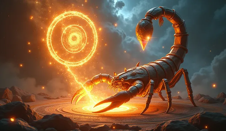 Prompt 5: The Scorpions Cosmic ForgePicture a scene of creation, where a giant scorpion, bathed in fiery light, is forging a glowing zodiac circle. The scorpion is depicted as a cosmic blacksmith, its pincers holding molten celestial material, shaping it i...