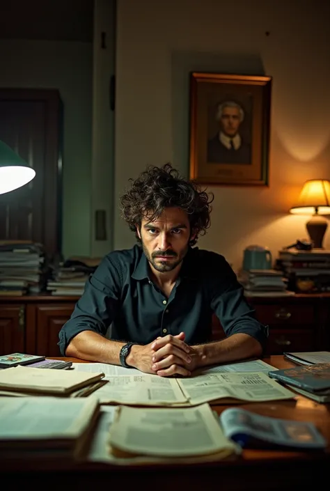 A Buenos Aires office bathed in dim, warm light, Javier Milei sits intensely focused at a cluttered desk, surrounded by stacks of economic charts and dog-eared books, his unruly hair a wild tangle framing his intense, piercing gaze, as a colleague stands o...