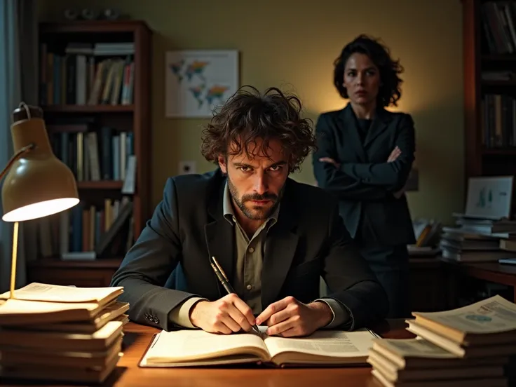 A Buenos Aires office bathed in dim, warm light, Javier Milei sits intensely focused at a cluttered desk, surrounded by stacks of economic charts and dog-eared books, his unruly hair a wild tangle framing his intense, piercing gaze, as a colleague stands o...