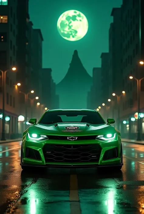  A green car , Its a Camaro ,  it has the logo of the soccer team Palmeiras ,  it has its headlights on ,  is walking down the street at night without a driver .  There may be buildings ,  a full moon with the shadow of a howling wolf.