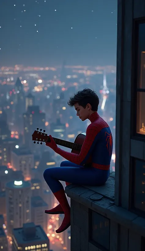 Spider-Man as a child playing the guitar sitting on the edge of a building at night