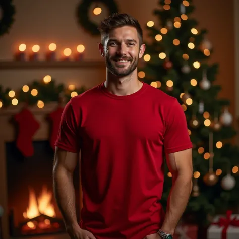  Create a realistic mockup image showing a realistic man wearing a cotton t-shirt with a ribbed collar, red in color.  The man is in a Christmas atmosphere ,  surrounded by typical decorations such as an illuminated Christmas tree ,  garlands , warm lights...