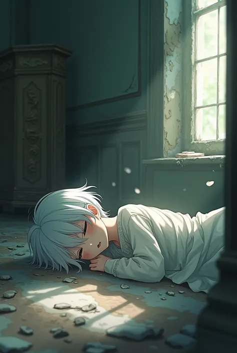 White-haired  boy  , Fainted with an eye closed bruised inside an abandoned house in anime