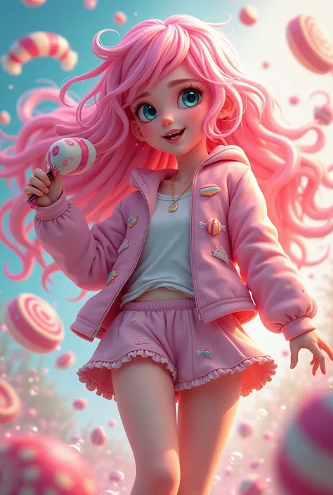 A teenage girl with pink, curly, and long hair that flows freely. Her face is cute and cheerful, with rosy cheeks. She wears a pastel-colored casual outfit, including a short skirt and a jacket adorned with candy patterns. Her hands are always occupied wit...