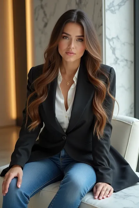  A voluptuous woman,  long BROWN hair,  brown eyes , wear a smart suit (shirt, Jean and jacket), is sitting,  jacket in a minimalist office, golden in color, white and gray marble.