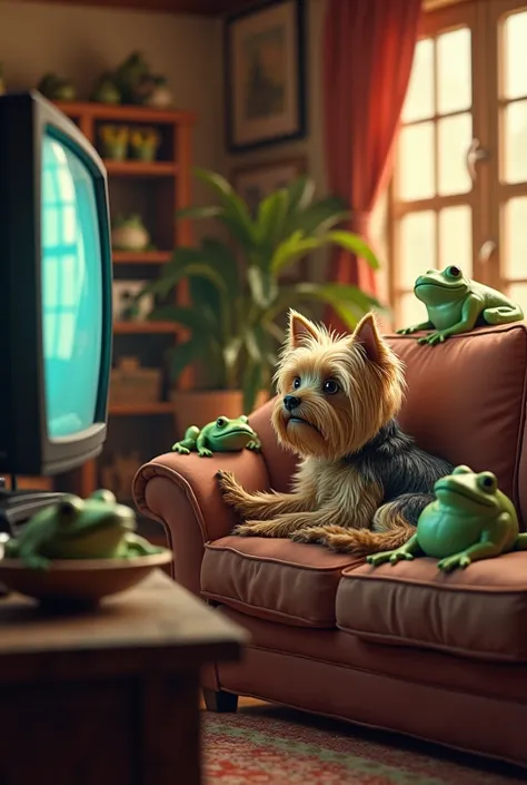 Create a picture for me with a slightly human Yorkshire Terrier,  lying relaxed on the sofa and watching TV .  His living room is furnished in a cozy and original way and decorated with lots of different frogs. At the bottom of the picture is : 