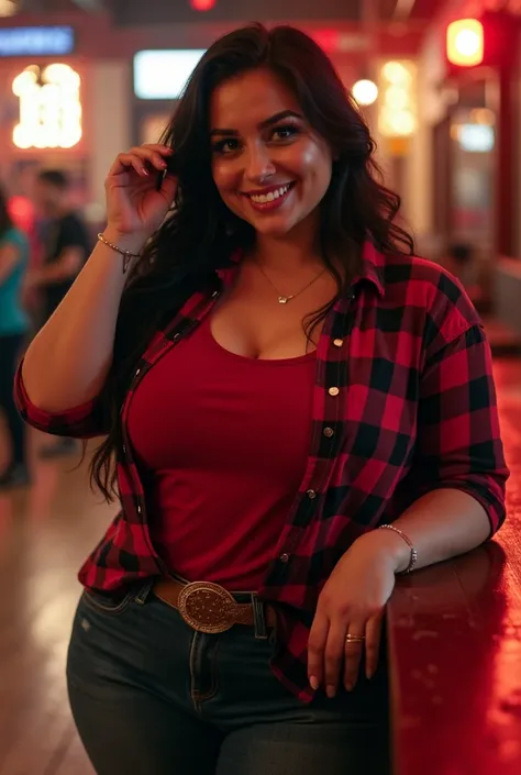 plus size 35 year old latina woman, cowboy boots tight jeans, red plaid t-shirt untucked, long black hair, green hazel eyes, wood dance floor, club lighting, standing one leg, looking up at camera, smiling with lips parted, touching hair with her finger, l...