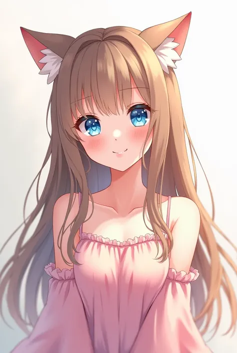 anime girl with cat ears, dressed in pink, with blue eyes, brown hair almost ash blonde 