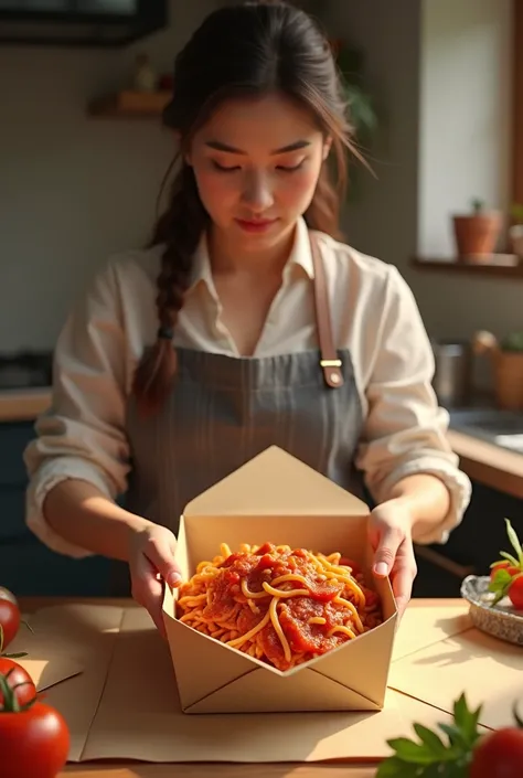 A woman packing pasta with tomato sauce in an envelope