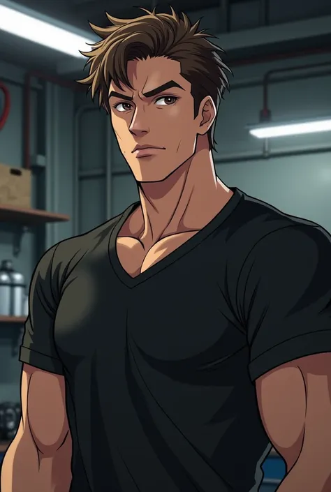 messy brunette hair, brown eyes, handsome, mature face, lean build but fit, anime style, car mechanic, black shirt, close up, workshop