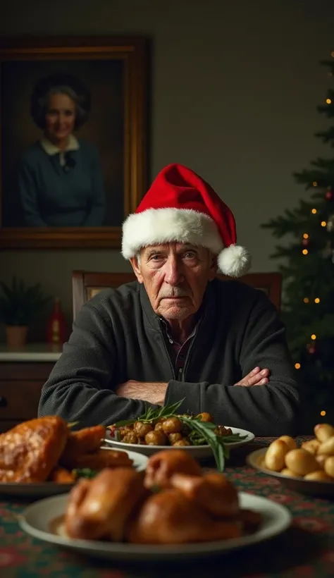 An elderly man sits alone at a table, wearing a Christmas hat. His eyes are filled with tears, a mixture of sadness and nostalgia, his expression a mix of fear and loneliness. In front of him is a Christmas dinner feast, casting a warm glow on his face. On...