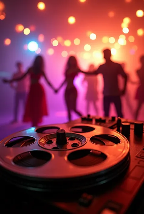 A reel-to-reel tape recorder emitting silhouettes of dancers performing energetic Bollywood moves. The setting has a vibrant party atmosphere with colorful disco lights and a Bollywood-style flair in warm tones of red, gold, and purple.