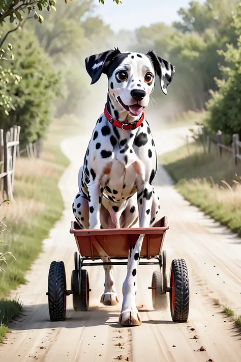 A male dog , DALMATIAN, Pongo 101 Dalmatians , ((dog body))  black and white image, 8 months, (A pint in the head ), ((red collar)), (( Light brown eyes and black ears)). 2d cartoon style, with simple lines, soft and solid colors .  on a dirt road . In the...