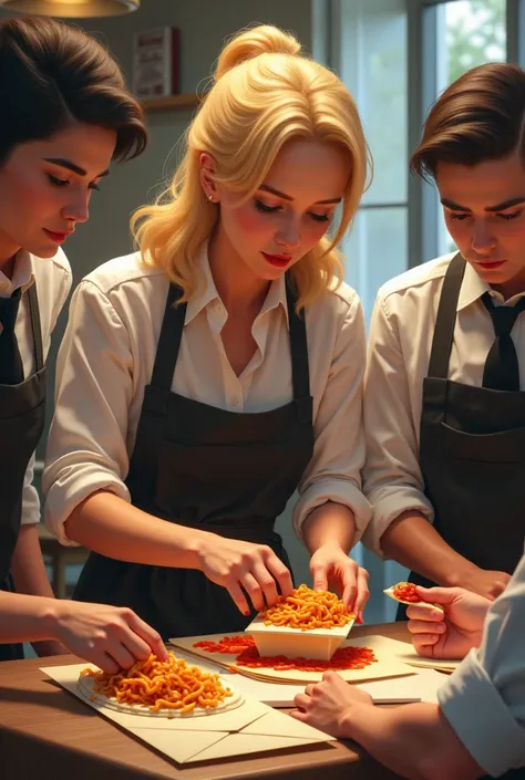 A blonde woman is packing pasta with tomato sauce in a small envelope of letters, she is at a table with 3 other waiters