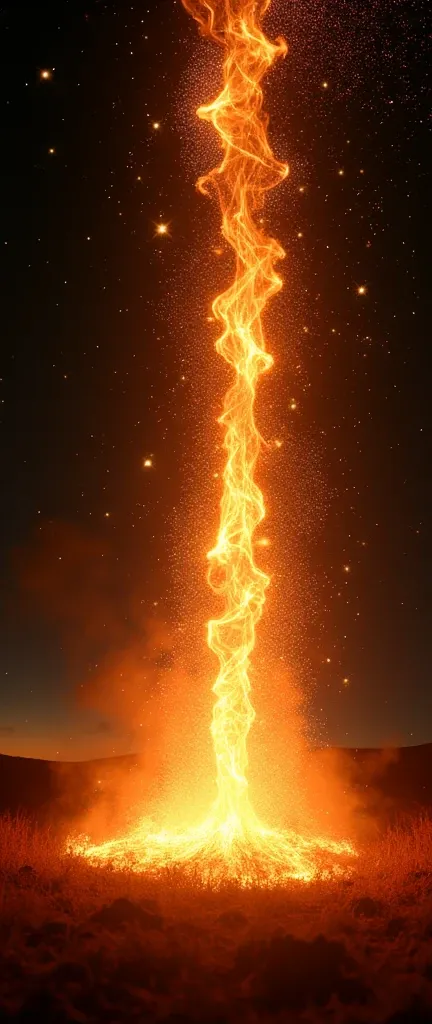  A photograph looking up at the sky .  Many flares of fire are falling to the ground . Focus on the flares .  Each flare has a beautiful reflection of a star. super close-up de chamas.