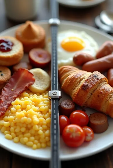  A typical English breakfast , that looks quite greasy ,  is next to a typical French breakfast ,   which consists of croissant with jam and sweet pastries.   Between the two plates the Eurotunnel 