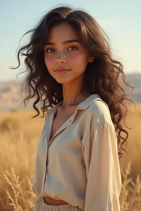 a young Arab girl, about , standing at approximately 165 cm tall and weighing 67 kg. Her hair is medium-length, naturally curly, and frames her face softly. She has a straight nose and an expressive face with warm, dark eyes. Her features are well-balanced...