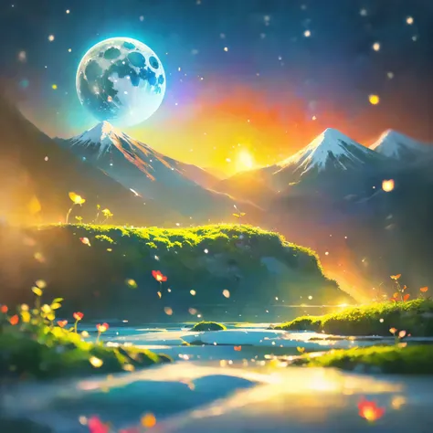 8K quality,(super masterpiece:1.3), best quality, detailed images,unmanned,oil(snow,Small trees々,A lot of petals are dancing, fantastic waterfall,moss,水moss,lake,lake畔,full moon,Small Earth, starry sky ,background(Night Sky,Mountain at sunset ,Sunset sky,s...