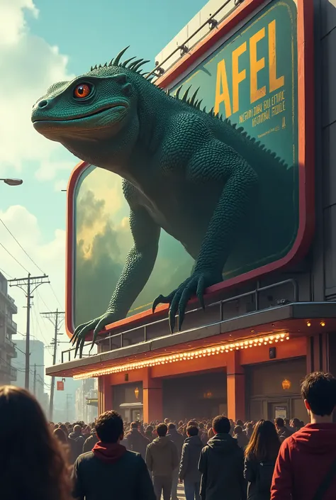 On the billboard of the cinema there is a large lizard with Afel written on it and people are queuing to buy tickets.