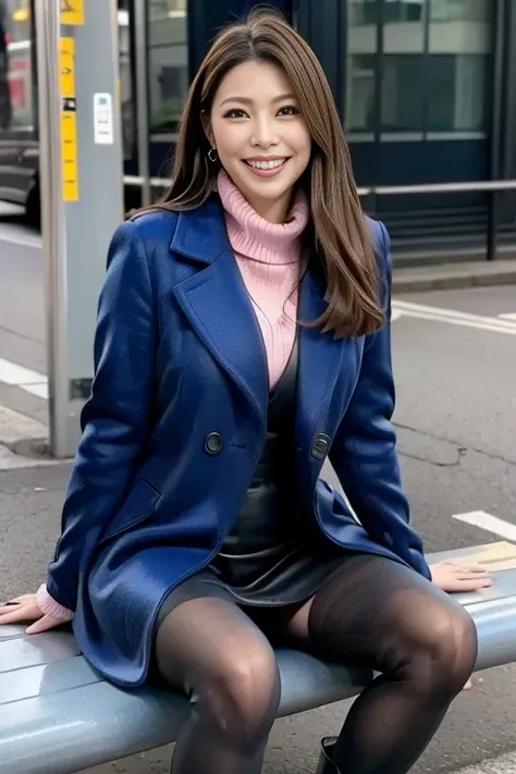     upper body only， sexy々What kind of hairstyle  ，   is wearing a blue enamel long coat  ，   open wide in front of the coat    ， Outdoors with a lot of traffic    ，  ピンクの sexyなレースの下着    、50 years old、   black tights、   smiling with her mouth wide open  ， ...