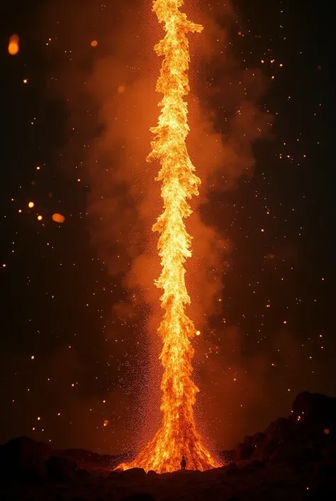   A photograph looking up at the sky  .   Many flares of fire are falling to the ground  .  Focus on the flares  .   Each flash has a beautiful reflection of a star . super close-up de chamas. With the fire ,  Leaving the Earth a huge black shield with a w...