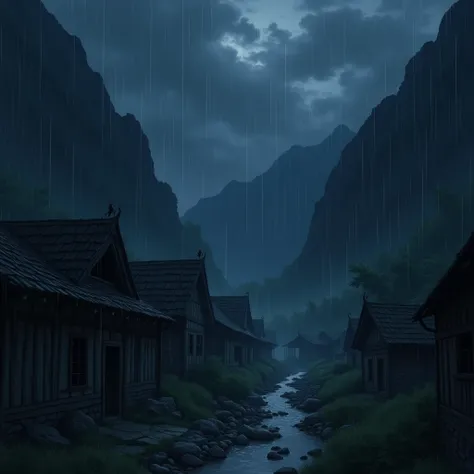 anime style image, image with a dark tone ,  on a rainy night , with rays in the sky , an abandoned medieval village ,  surrounded by large mountains with a small river nearby, dark, 