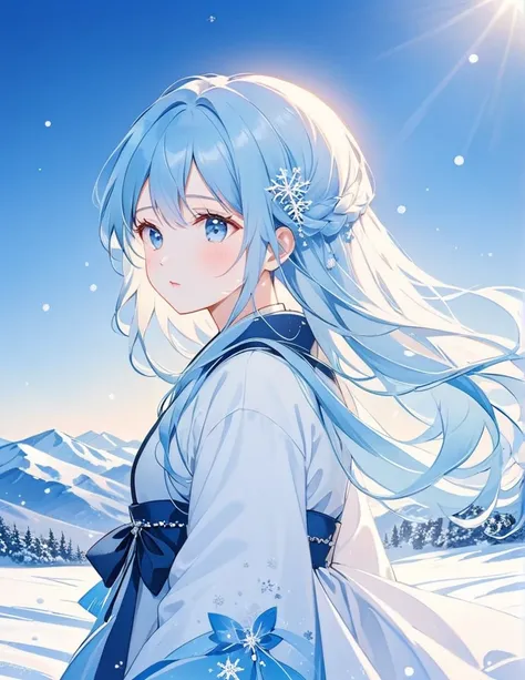 [ girl、 light blue hair 、Long Hair、Sparkling Hair]， blue and white background , (真っwhite風景), (white), (snow), ❄️, winter, Pouting mouth,