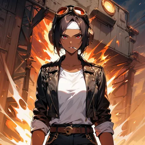 (Top Quality, 4K, 8k, High Resolution, Masterpiece:1.2), super detail, one person, female, steampunk design, aviator cap, goggles, (( black leather jacket with rolled up sleeves )), fingerless gloves, (( white headband )), white t-shirt, black pants, white...