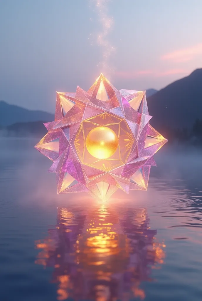  A mystical scene featuring multiple transparent Merkabahs (sacred geometric shapes) in violet and gold, intricately overlapping with each other. These Merkabahs are composed of shimmering, translucent surfaces, with their sharp, angular edges clearly defined and glowing softly. At the heart of this geometrical formation is a radiant golden sphere, gently floating at the center. The sphere emits a soft, ethereal glow that illuminates the surrounding shapes, casting delicate reflections on their surfaces. The Merkabahs seem to hover effortlessly in mid-air, suspended above a calm, reflective lake. Each Merkabah is unique in size, and their overlapping patterns create an intricate, harmonious visual effect that draws the eye toward the golden sphere in the The scene is set on a serene, crystal-clear lake with perfectly still waters, providing a flawless mirror-like surface. The lake reflects the Merkabahs and the golden sphere, amplifying the sense of tranquility. A faint mist rises from the water's surface, adding a touch of mystery and an ethereal quality to the environment. The background features soft, distant mountains or an expansive sky that emphasizes the stillness and serenity of the scene, with subtle hues of soft blues and pinks fading into the horizon.

The lighting is soft, ethereal, and otherworldly, casting a gentle glow around the Merkabahs and the golden sphere, making the scene appear as if it exists in a dreamlike state. The light should subtly enhance the transparency of the Merkabahs, highlighting their geometric complexity. The scene should have an aura of calmness and tranquility, enhanced by the subtle glow of the sphere and the shimmering surfaces of the Merkabahs. The surrounding atmosphere should feel light and airy, as if the entire scene is floating i