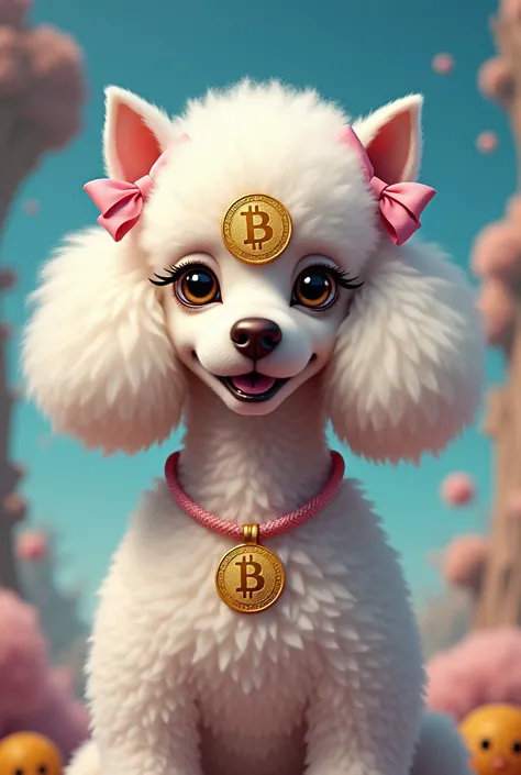 Hairy white French Poodle dog with a round and furry face also on her face and little bows in her ears with a crypto coin