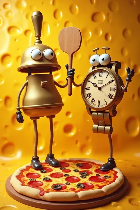 Table bell watch inside a large pizza like fagita flavour on the bottom side and back ground look like a cheese and the middle side of the poster written its time to order your pizza same word 