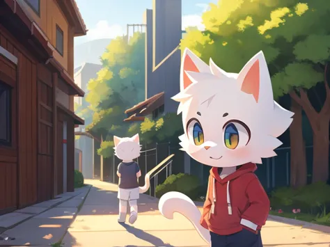 boy for a cute white cat, detailed body, regular clothes