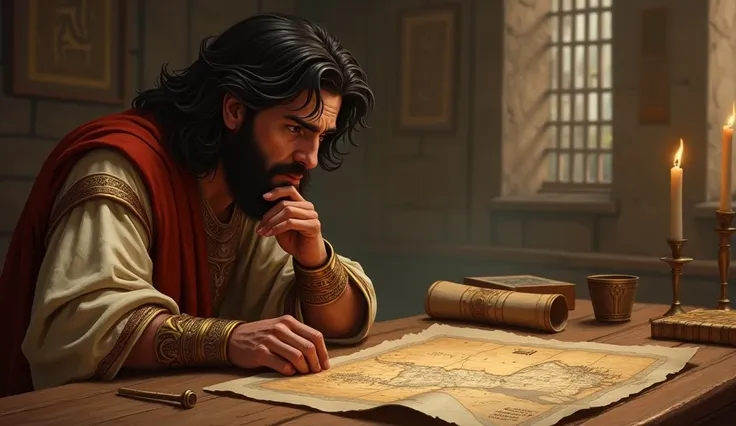 Joseph in Reflection: A close-up half-body shot of Joseph seated at a table with scrolls and ancient documents spread out before him. He looks pensively at a map of Egypt, one hand supporting his chin. The background subtly incorporates elements from his p...