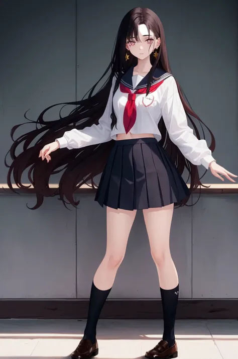 high school girl wearing school uniform has long dark hair, pale skin, dark eyes has earrings and a scar on her face has and attractive, full body, in a classroom, has a very short skirt, small breasts
