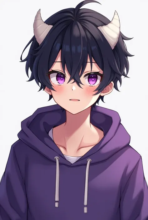 2 white little horns on his head wearing a purple hoodie, his hair will be black, his eyes will be purple male character will be suitable for youtube profile photo