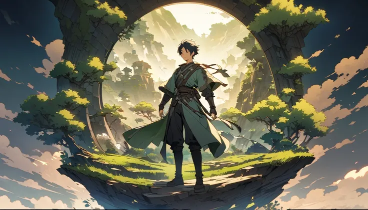 Anime Style,       fantasy、nature、beautiful、   Adventure   、Mysterious、human、male、nice、、Integrity、healthy、  male中心 、 whole body、   背景 healthy    、      round ratio background 4      :male6