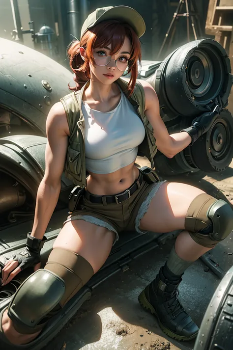 fio germi, fio germi from metal slug, lora.fio, round glasses, redhead, many freckles, pony tail hair, fringe, green eyes, weari...